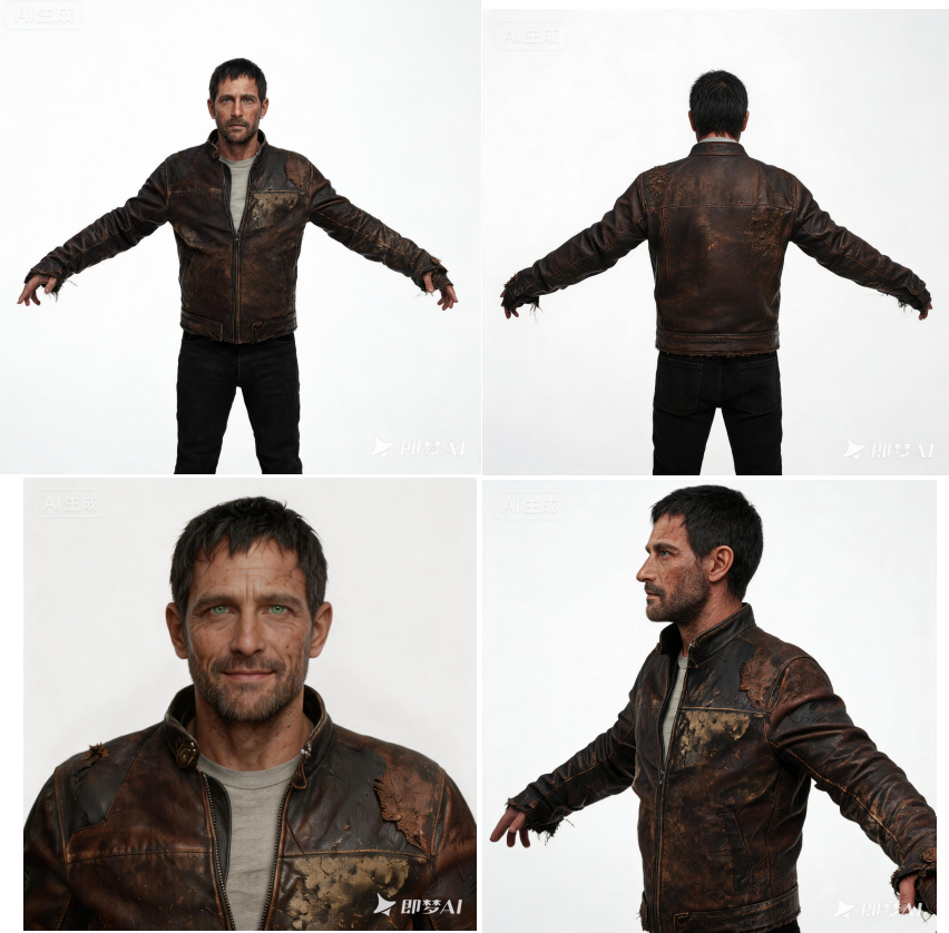 Four views of the same generated character used as a reference in the video model comparison