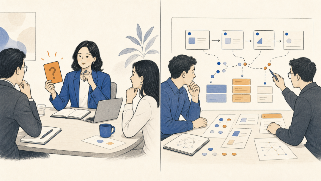 Illustration of a client meeting and a product review