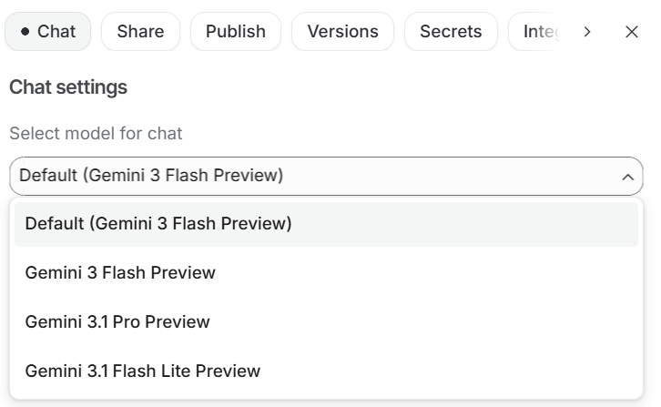 Google AI Studio model selection menu